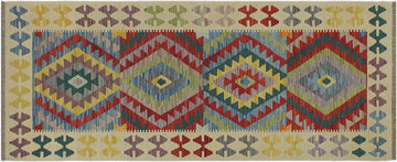Flat Weave Kilim, Antique, Navaho, Vintage, Handmade, Geometric Kilim Blue Beige Hand-Woven Runner 100% Wool Area Rug 3 x 6